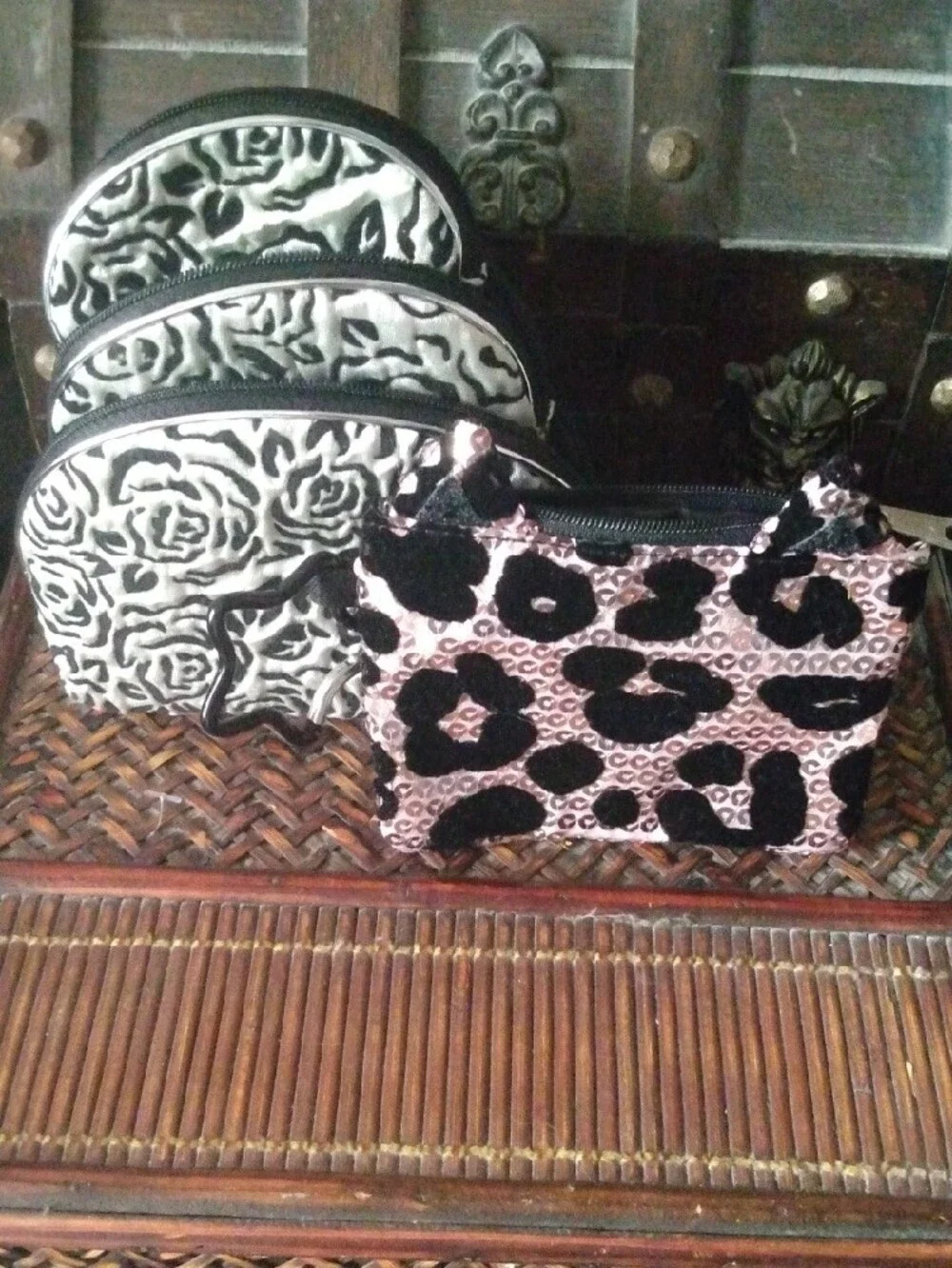 3 Stylish Black & White Floral and 1 Leopard Print Women's Coin Purses